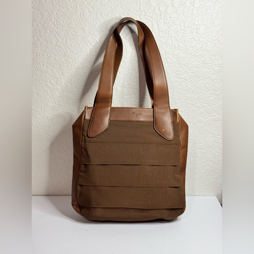 Salvatore Ferragamo Tiered Brown Grosgrain Tote Bag